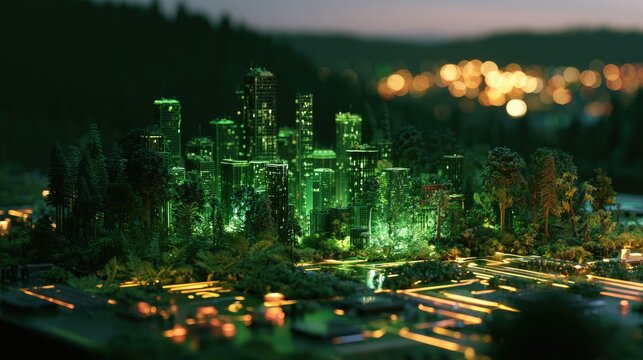 Miniature futuristic city with glowing buildings and lush greenery at dusk