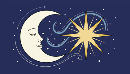 Naklejka premium Celestial moon and star with a sleeping face on dark blue night sky background representing cosmic dreams.