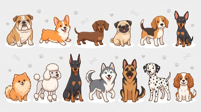Create an adorable vector illustration pack featuring a diverse collection of cartoon dog breeds arranged in two neat rows on a light gray background. Include a variety of popular breeds such as Bulld