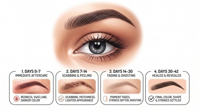 Permanent eyebrow microblading healing stages infographic with semi permanent