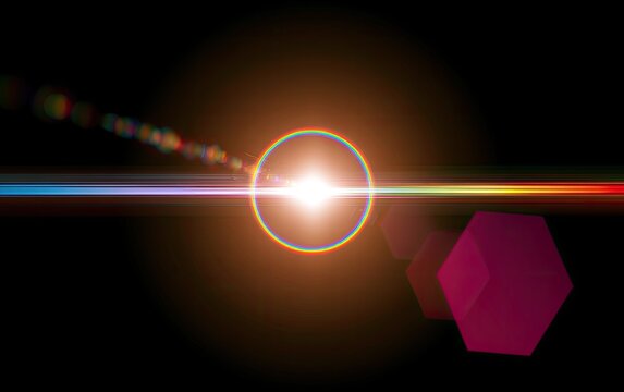 Bright central light source with colorful lens flares and hexagonal shapes