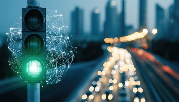 Smart traffic signal with digital network overlay on a busy highway at night