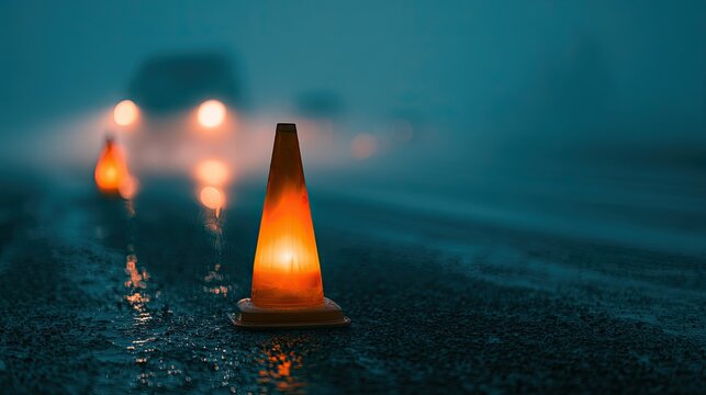 Orange safety cones illuminate a foggy, icy road with blurred car headlights