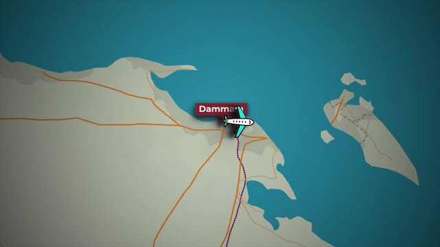 Airplane Flight Animation Dammam to Doha on Middle East Map