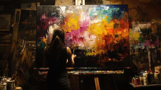 Expressive artist creating vibrant abstract artwork within studio setting