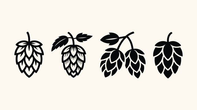 Black and white icons of hop cones for brewing beer and natural ingredients.
