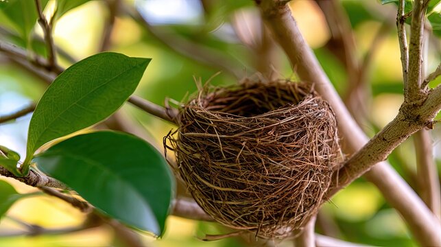 An empty woven nest rests on a tree branch, surrounded by green leaves