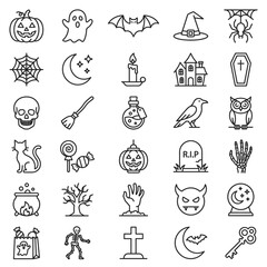 Obraz premium Halloween-themed icons featuring bats, ghosts, jack-o'-lanterns, and witch symbols in black and white line art.