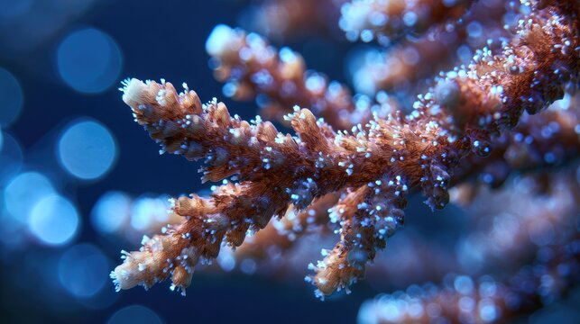 Close-up of a coral branch with small, light-colored polyps and a blurred blue background