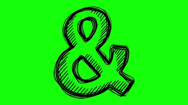 hand drawn ampersand symbol with line boil effect on green chroma key background without white fills, perfect for video editing, typography, and connection concepts