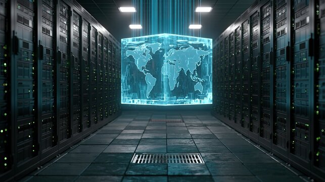 Futuristic data center with glowing holographic world map cube
