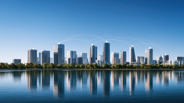Modern cityscape with connected buildings reflected in calm blue water