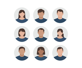 Set of diverse avatars featuring various young men and women in circular profile portrait frames © BULBUL ISLAM