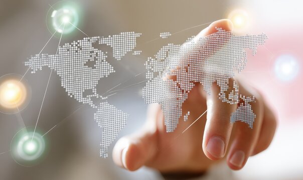 A hand points to a pixelated world map on a transparent screen
