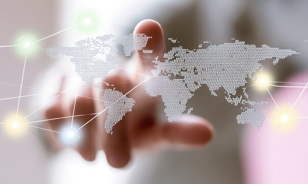 Hand interacting with a digital global map, with glowing connection points