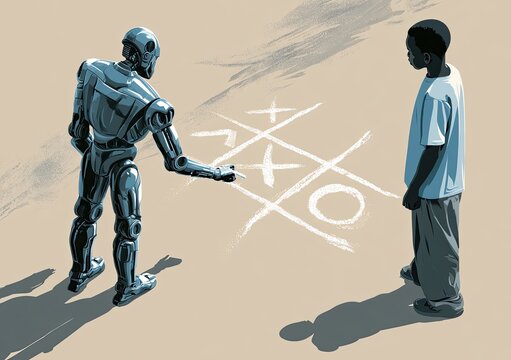 A robot and child play a game of tic-tac-toe on a sandy surface