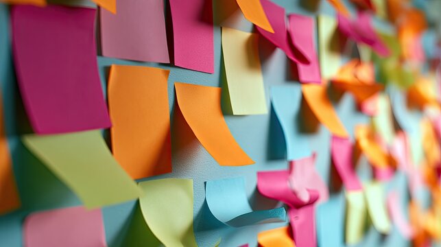 A vibrant wall covered with colorful sticky notes creates an abstract pattern