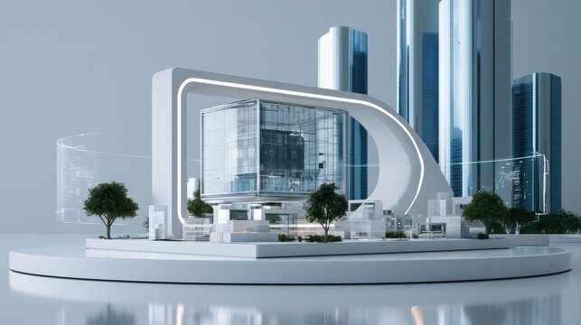 Futuristic architectural model showcasing modern glass buildings and urban design