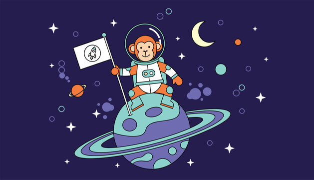 Playful cartoon monkey astronaut holding a rocket flag while standing on a colorful planet with rings in outer space.
