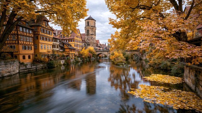 Autumnal scene with a historic town reflected in a calm river, framed by golden trees
