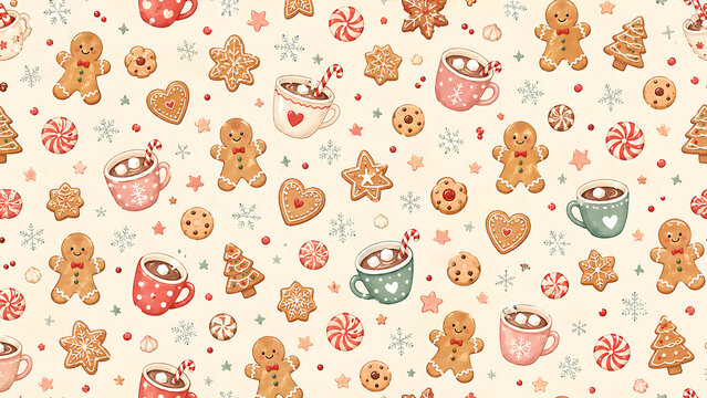 Cute miniature Christmas seamless pattern with tiny gingerbread men  cookies  peppermint candies  mugs of hot cocoa  and small snowflakes  warm pastel colors