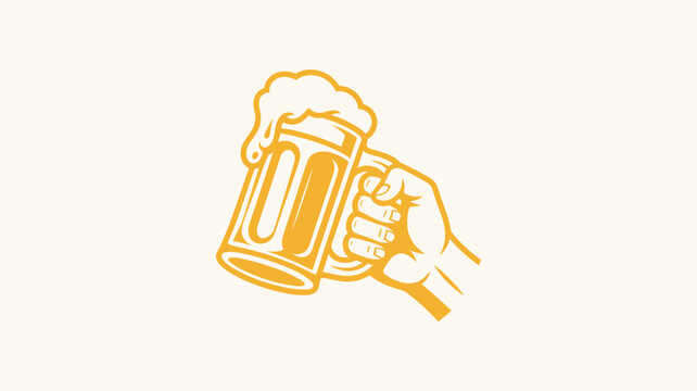 Hand holding full beer mug with foam in yellow minimalist line art style.