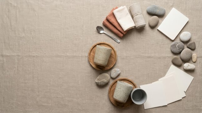 smooth stones, blank cards, ceramic cups, and folded textiles on linen, flat lay