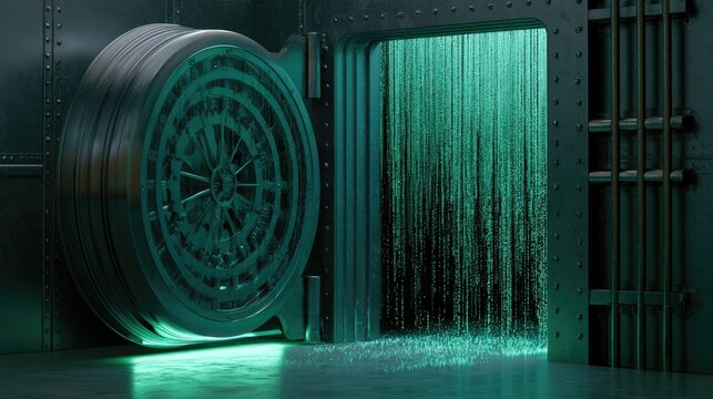 Open vault door, green light revealing digital data stream cascading downwards