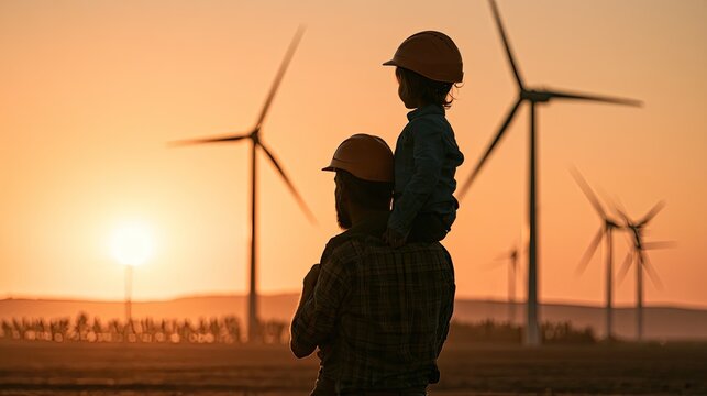 Silhouetted figures, an adult with a child on shoulders, watch wind turbines at sunset