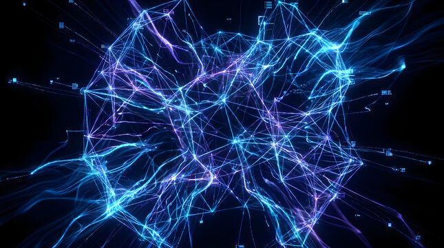 Blue and purple glowing neural network with plasma energy sparks.