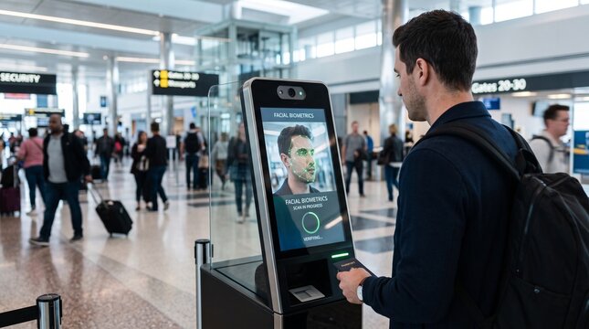 Man using airport facial recognition kiosk for identity verification. Biometric security scanner processing traveler data for flight boarding.