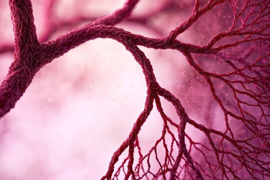Branching, intricate, red, organic structures with soft, diffused light and particles