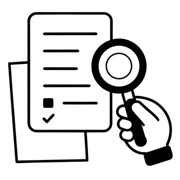 Document review icon represented as hand holding magnifying glass over checklist paper sheet isolated on transparent background design.