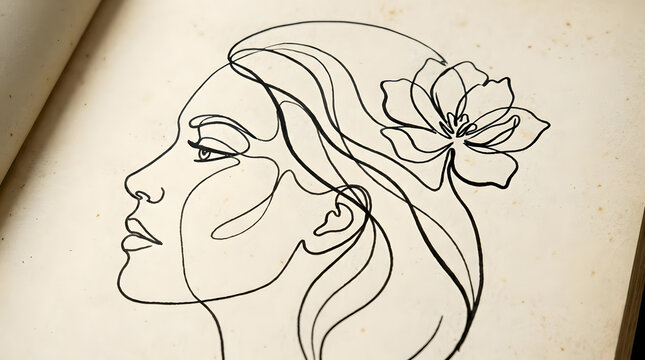 Minimalist continuous line art of woman face with flower.