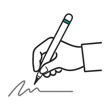 Outline drawing of human hand holding pencil signing legal document with squiggle line representing signature and contract finalization.