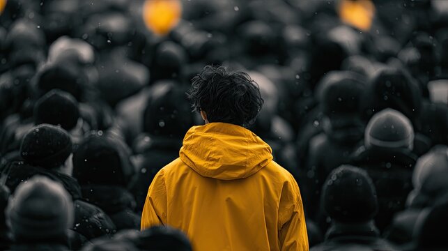 A person in a bright yellow jacket stands out from a blurred, monochrome crowd