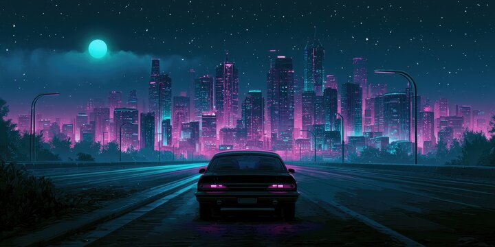 Night drive through a neon-lit cityscape under a starry sky