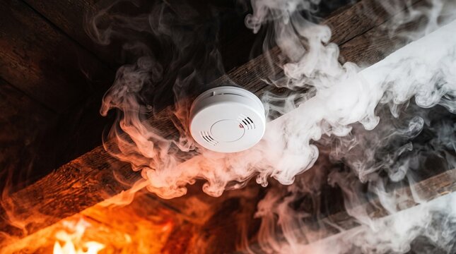 Smoke detector alert mounted on wooden ceiling surrounded by thick smoke. Emergency fire detection system activated by hazard. Safety equipment for household protection and fire prevention.