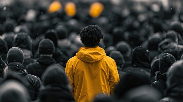 Lone figure in vibrant yellow jacket stands out amid a blurred crowd