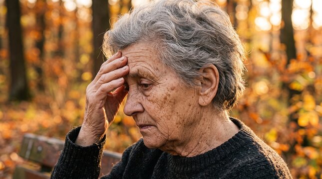 Elderly woman with memory loss touching her forehead in park. Sad senior female struggling with dementia or Alzheimer disease.