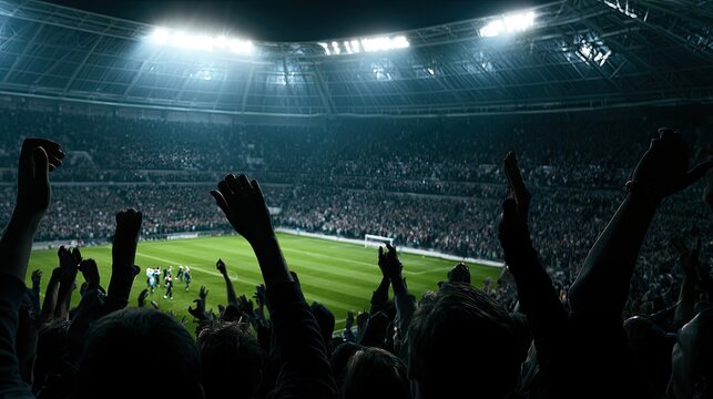 Enthusiastic crowd cheers on a bright green soccer field under stadium lights