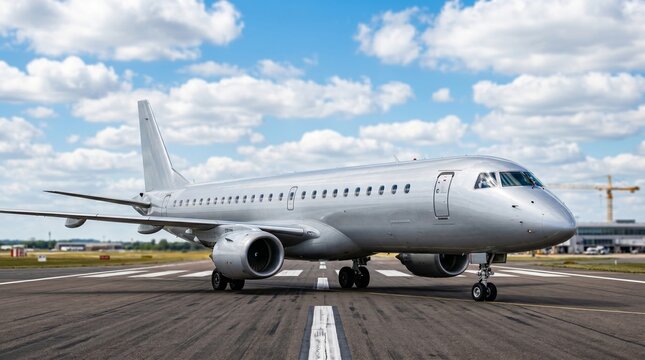 Silver airplane taxiing on airport runway. Commercial passenger jet ready for departure.