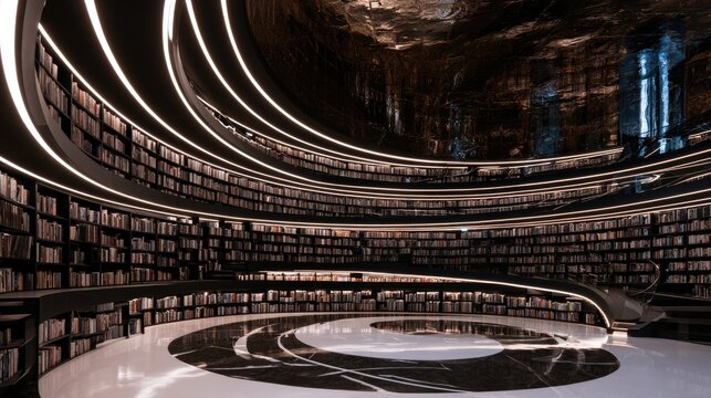 Futuristic circular library with glowing shelves and reflective floor