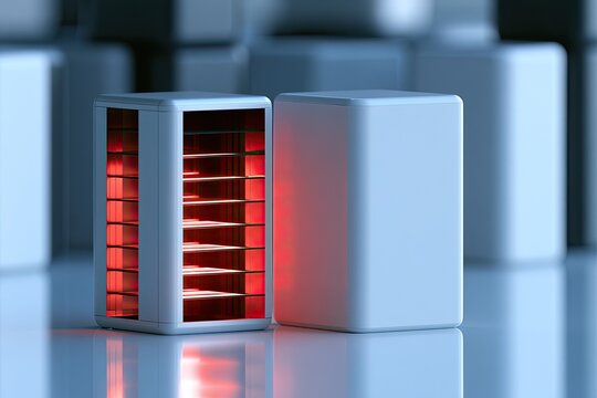 Futuristic server racks with glowing internal components