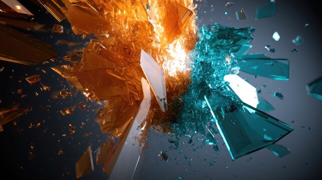 Shattering glass shards erupt in a vibrant, explosive display of light