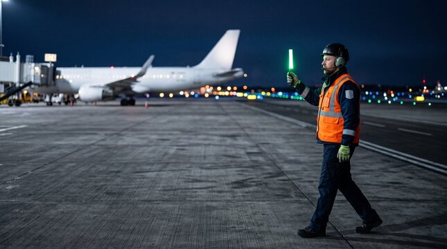 Marshaller man standing on airport apron directing aircraft with light wand at night. Professional ground crew member working on runway during flight arrival.