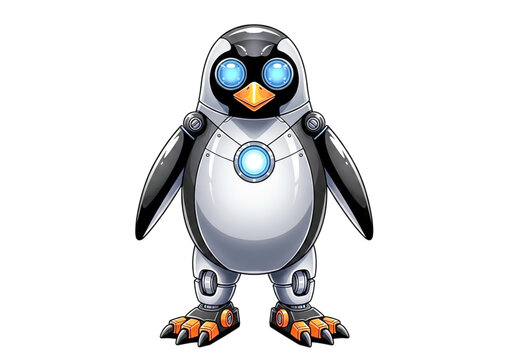 Cute mechanical robot penguin character with glowing eyes