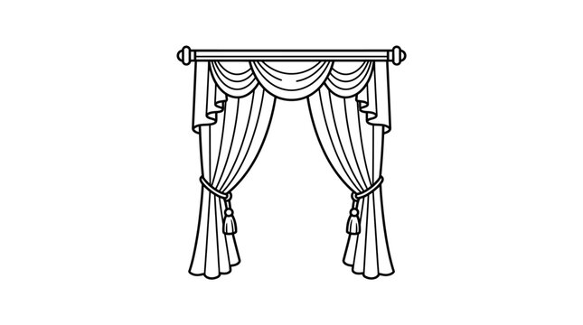 Decorative window curtains with tassels line art illustration