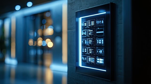 Modern touch-screen interface panel with glowing blue accents on wall