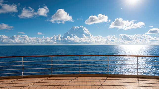 Sunny ocean voyage from ship deck, bright clouds, sparkling water, clear sky